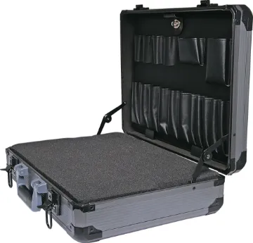 445x330x128mm Black Tool Storage Case Latches are lockable. Features a perforated foam inner for customising the inside of the case to hold equipment firmly in place. Panels made from lightweight, yet tough composite plastic material. External size: 445x330x128mm.