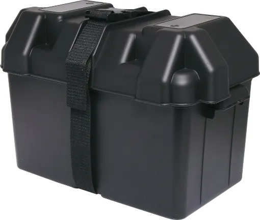 A plastic battery box (27M style) to suit 90-100Ah batteries. Includes strap.
Outside box size: Length 410mm x Width 245mm x Height 265mm (including lid &amp; handles).