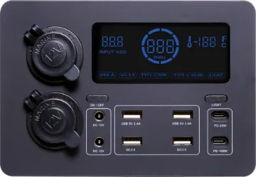 12V DC Power Control Hub With Power Meter Display A complete pre-wired DC connection solution for your auxiliary battery.  Ideal for caravans, 4WDs and motorhomes.  Backlit display readout with input volts DC, temperature, watts (input) and connection statuses.