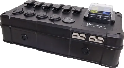 A complete central power hub for your 4WD, caravan or camping remote power set up. This box contains 6 contura style illuminated switches, 3 car accessory sockets (12V), USB charger, LED volt meter, all protected by a 6 way weatherproof fuse block.