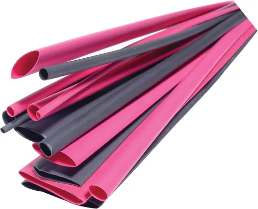 Handy 300mm lengths of red & black heatshrink tubing in sizes from 1.5mm to 20mm diameter (when round, not measured flattened). 14 pieces in total.