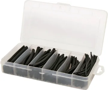 160pc 100mm Black Heat Shrink Tubing Pack 100mm lengths of black heatshrink. Sizes 1.6, 2.4, 3.2, 4.8, 6.4, 9.5mm sizes given are diameters (measurements are not made with the heatshrink flattened), before shrinking. 2:1 shrink ratio.