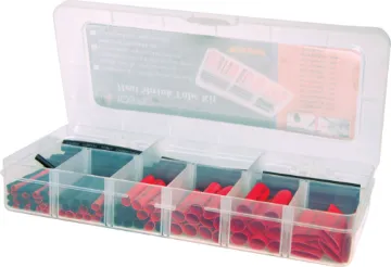 106pc Red/Black Adhesive Heat Shrink Tubing Assorted 75mm and 45mm lengths of red and black adhesive backed heatshrink in a range of diameters. 3.2, 4.8, 6.4, 7.9, 9.5, an12.7mm.