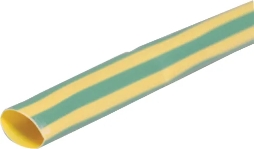 Striped Green/Yellow (Earth) Heatshrink
Nominal : 13mm (20.5mm across when flattened)
  when shrunk: 6.5mm

Military grade flexible tubing. Suitable for insulation, colour coding, strain relief and protection in electrical and electronic applications