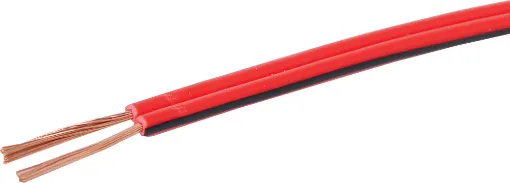 Medium duty figure 8 speaker cable for a variety of uses. 2x24/0.20 size. Red with black trace.  Max current rating: 7.5A. 200m roll size.