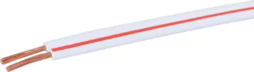 18AWG White / Red Speaker Cable Medium duty figure 8 speaker cable for a variety of uses. 2x24/0.20 size. White with red trace.  Max current rating: 7.5A. 500m roll size.