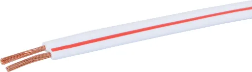 Medium duty figure 8 speaker cable for a variety of uses. 2x24/0.20 size. White with red trace.  Max current rating: 7.5A. 500m roll size.