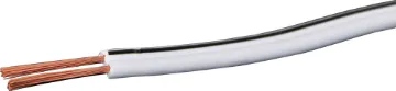 18AWG White / Black Speaker Cable Medium duty figure 8 speaker cable for a variety of uses. 2x24/0.20 size (18AWG). White with black trace.  Max current rating: 7.5A. 500m roll size.