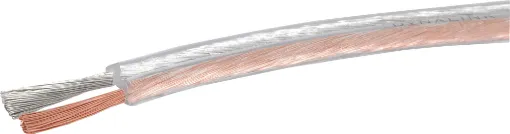 Low loss, high power speaker cable for hi-fi speaker systems. Clear outer sheath with two tone copper conductors. 50m rolls. 