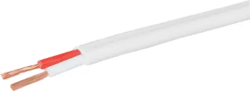 17AWG White Double Insulated Speaker Cable Speaker cable for 100V line commercial PA audio systems. Double PVC insulated twin. Separate conductors with non-bonded sheath.
Voltage rating:	600V AC
Current rating:	10 Amps
Dimensions:	≈ 6.8 x 4mm
Conductor area:	1mm2
Conductor gauge:	󖐱AWG
Temperature rating:	75C
Roll size: 500m