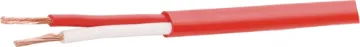 15AWG Red Double Insulated Speaker Cable Speaker cable for 100V line commercial PA audio systems. Double PVC insulated twin. Separate conductors with non-bonded sheath.
Voltage rating:	600V AC
Current rating:	14 Amps
Dimensions:	≈ 9.4 x 5mm
Conductor area:	1.4mm2
Conductor gauge:	󖐯AWG
Temperature rating:	75C
Roll size: 300m