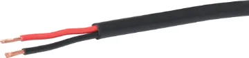13AWG Black Double Insulated Speaker Cable Double insulated with soft sheath. 
Size: 2 x 35/0.30
Voltage rating: 300V AC @ 22A
Outside diameter: ˜9mm
Conductor: 2.5mm2 (˜13AWG)
Resistance: 0.0075O/m @ 20°C
Temperature rating: 75°C