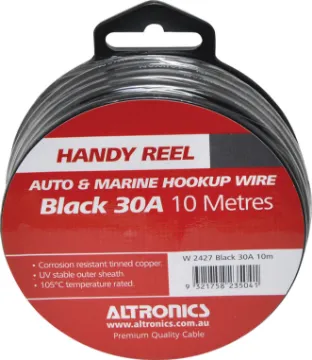11AWG Black 10m Tinned Automotive Single Core Cable Reel Tinned for corrosion resistance. Ideal for auto and marine wiring jobs. Convenient mini-reels. 30A 56/0.30mm.