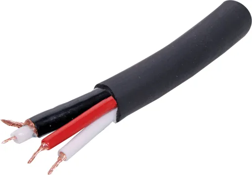 Low loss stereo audio cable with central video transmission cable. Twin shielded with copper braid and mylar foil.