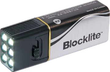 9 Volt Battery Blocklite LED Torch This tiny torch employs 6 high brightness LEDs and is powered by simply plugging on to the end of a standard 9 Volt battery.