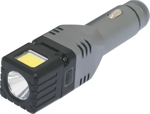 This rechargeable torch with USB is the perfect addition to your vehicle, providing a spot and flood beam torch, plus USB charging for your devices. It simply plugs into a spare car accessory socket and stays charged and ready for when you need it.  The head flips open to reveal a dual USB charger to charge phones and tablets (max output 5V 2.1A). 