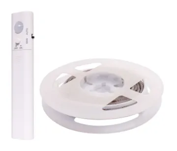 Battery Powered LED Sensor Adhesive Strip Light This affordable LED strip sensor light includes 1m of adhesive backed warm white LED strip and a PIR simple motion detect controller. It is ideal for wardrobes, cupboards and storage areas where LED lighting is only required when you open the door.