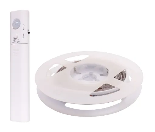 This affordable LED strip sensor light includes 1m of adhesive backed warm white LED strip and a PIR simple motion detect controller. It is ideal for wardrobes, cupboards and storage areas where LED lighting is only required when you open the door.