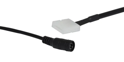 Allows easy connection cut of LED strip lighting to a power supply. One end is fitted with an 10mm two pin connection with press fit clip, the other end is fitted with a 2.1mm DC power socket for direct connection to a plugpack. Suits all 10mm wide LED strips with 2 pin connection.