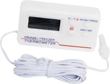 Digital Fridge & Freezer Thermometer This magnetic thermometer features an external sensor with a thin lead designed to run between the fridge/freezer door rubber without breaking the seal. A wide temperature range of -50°C to 70°C makes it suitable for cold stores, refrigerators, medicine storage cabinets, wine racks etc. 0.1°C resolution, ±1°C accuracy.