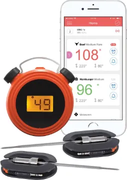 EasyBBQ Dual Probe Bluetooth Barbecue Thermometer The EasyBBQ is a dual probe thermometer with Bluetooth connection to your smartphone. Includes 2 probes with stainless steel mesh cables. Android or iOS, plus monitoring on the backlit LCD. 0-300°C range.  Requires 2xAAA batteries.