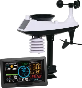 Wireless Wi-Fi Home Weather Station This fantastic wireless Wi-Fi home weather station contains everything you require to monitor live weather conditions at home. The main base station displays at a glance, indoor and outdoor temperature, humidity, barometric pressure, recent rainfall, wind speed and direction.