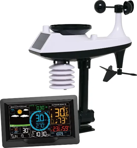 This fantastic wireless Wi-Fi home weather station contains everything you require to monitor live weather conditions at home. The main base station displays at a glance, indoor and outdoor temperature, humidity, barometric pressure, recent rainfall, wind speed and direction. 