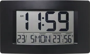 Jumbo Digital Wall Clock With Calendar & Thermometer This handy jumbo LCD 12/24 hour clock, thermometer and calendar is great for around the home or office. The extra large clock digits allow it to be read up to 30m away. The screen also provides date, day of the week, temperature and humidity readings.