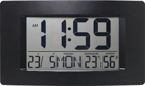 This handy jumbo LCD 12/24 hour clock, thermometer and calendar is great for around the home or office. The extra large clock digits allow it to be read up to 30m away. The screen also provides date, day of the week, temperature and humidity readings. 