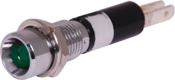 Green 5mm 12V LED With Chrome Bezel 12V Green LED with chrome panel mount bezel.
Mounting hole: 	6.7mmØ. 
Mounting depth: 	27mm 
Maximum panel thickness: 	6.5mm