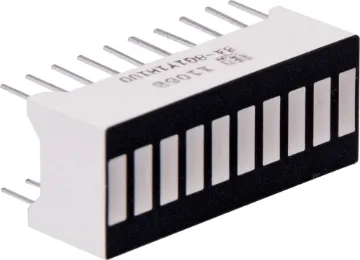 8xGreen / 1xYellow / 1xRed Bar Graph LED PCB Mount Bar Graph LED display
Two or more of these bar graphs can be ganged together to give a longer LED display. 
Size: 25.3 x 10.16mm.
Uses standard 20 pin DIL spacing