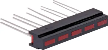 5xRed Bar Graph LED Horizontall Bar Graph LED display 
5 Segment Bar Graph LED Display Two or more of these bar graphs can be mounted side by side to give longer LED arrays. ie. 10, 15, 20, 25, etc. All Models are 35 x 5 mm with 5 Segments.