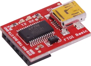 FTDI Basic Breakout 5V This is the newest revision of the FTDI Basic. We now use a SMD 6-pin header on the bottom, which makes it smaller and more compact. Functionality has remained the same.
This is a basic breakout board for the FTDI FT232RL USB to serial IC. The pinout o