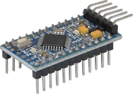 Measuring a tiny (0.8mm) thick the Arduino Pro Mini comes unpopulated enabling you to solder in any connector or wire with any orientation you need. Ideal for experienced Arduino users or building into a compact embedded design. This board connects directly to the FTDI basic breakout board and supports auto-reset. 