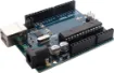 A microcontroller board based on the ATmega328. It has 14 digital input/output pins (of which 6 can be used as PWM outputs), 6 analog inputs, a 16MHz crystal oscillator, a USB connection, a power jack, an ICSP header, and a reset button. It contains everything needed to support the microcontroller; simply connect it to a computer with a USB cable. 