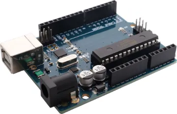 Funduino Uno R3 Arduino Compatible Development Board A microcontroller board based on the ATmega328. It has 14 digital input/output pins (of which 6 can be used as PWM outputs), 6 analog inputs, a 16MHz crystal oscillator, a USB connection, a power jack, an ICSP header, and a reset button. It contains everything needed to support the microcontroller; simply connect it to a computer with a USB cable.