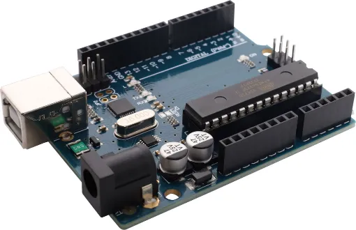 A microcontroller board based on the ATmega328. It has 14 digital input/output pins (of which 6 can be used as PWM outputs), 6 analog inputs, a 16MHz crystal oscillator, a USB connection, a power jack, an ICSP header, and a reset button. It contains everything needed to support the microcontroller; simply connect it to a computer with a USB cable. 