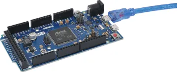Funduino Due Arduino Compatible Development Board The Due is a microcontroller board based on the Atmel SAM3X8E ARM Cortex-M3 CPU. It is the first Arduino board based on a 32-bit ARM core microcontroller.