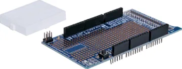 Funduino Mega Protoshield Board A pre-built prototyping shield with a large build area to suit Arduino Mega compatible boards. Each includes a 170 hole breadboard with adhesive backing. All headers and components pre-soldered. Stackable design makes it easy to add onto your design as your need it.
