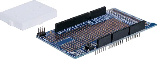 A pre-built prototyping shield with a large build area to suit Arduino Mega compatible boards. Each includes a 170 hole breadboard with adhesive backing. All headers and components pre-soldered. Stackable design makes it easy to add onto your design as your need it.