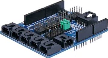 Funduino Sensor Shield Connection Module A stackable sensor connection board for Arduino. It features quick connection headers for digital I/O pins, and latching sockets for analog inputs. Selectable I2C and UART communication port on board. Each terminal has a ground, VCC and signal connection. Ideal for breaking out an Arduino board to multiple sensors. Can be used with our P 1016 & P 1