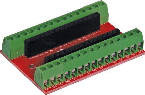 A breakout board fitted with 2.5mm pitch terminal blocks for every pin on the Funduino Nano board. Board dimensions 53 x 32 x 1.6mm