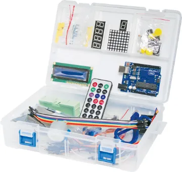 Funduino Starter Kit For Arduino A parts kit for people interested in learning working with Arduino powered designs.  It includes an Arduino UNO compatible board, proto-shield, dot matrix LED module, 7 segment displays, two breadboards, stepper motor, servo, IR remote, connection leads, battery box and a variety of components, LEDs, buttons and sensors.