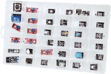 37 In 1 Arduino Compatible Sensor Module Kit A huge array of sensors for building into your Arduino project design. All feature standard pin headers for easy connection. The kit includes boards such as 1 channel relay, joystick, temp/humidity sensor, rotary encoder, microphones, hall effect sensor and much more!