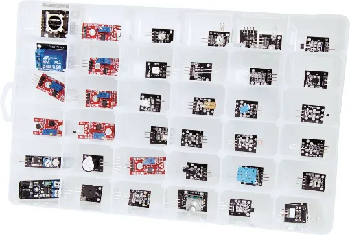 A huge array of sensors for building into your Arduino project design. All feature standard pin headers for easy connection. The kit includes boards such as 1 channel relay, joystick, temp/humidity sensor, rotary encoder, microphones, hall effect sensor and much more! 