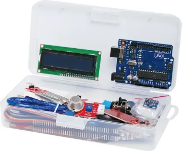 Funduino Analog Display Kit This kit includes an LCD readout for visualising data from a variety of included analog sensors. It is supplied with an Arduino UNO compatible board, USB cable, sensor connection leads and 10 breakout boards. The boards included ultrasonic distance detector, moisture sensor, water sensor, joystick, mic and accelerometer.