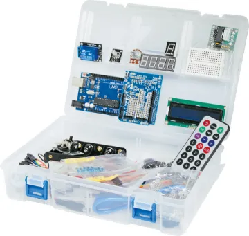 Funduino DIY Geek Kit Includes an Arduino UNO compatible board, proto-shield,  alphanumeric LCD, dot matrix LED module, 7 segment displays, two breadboards, stepper motor, servo, battery box and other components.