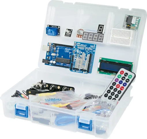Includes an Arduino UNO compatible board, proto-shield,  alphanumeric LCD, dot matrix LED module, 7 segment displays, two breadboards, stepper motor, servo, battery box and other components.