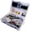 A handy parts kit containing everything you need to start learning Arduino and building projects. Includes a huge selection of sensor boards, LEDs, pots, jumper wires, a breadboard, LCD screen and much more! 