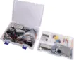 A handy parts kit containing everything you need to start learning Arduino and building projects. Includes a huge selection of sensor boards, LEDs, pots, jumper wires, a breadboard, LCD screen and much more! 